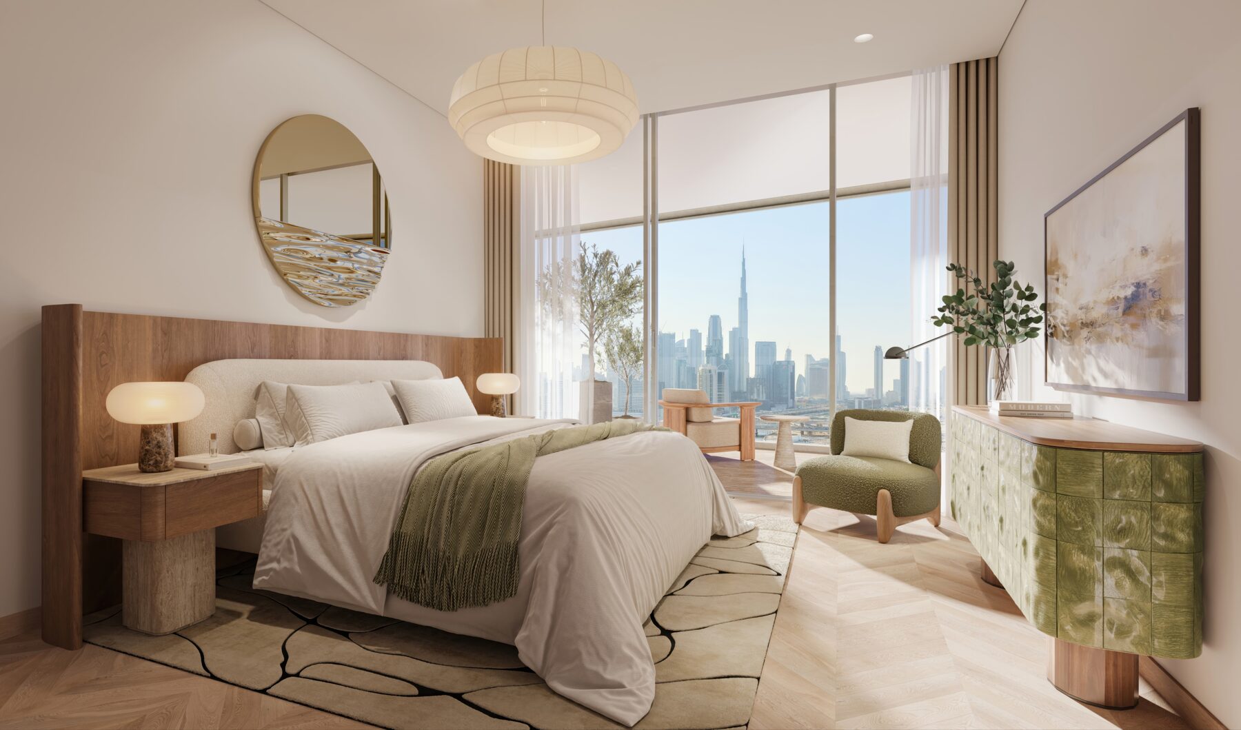 Principal bedroom with warm timber tones and full-height glazing framing the Burj Khalifa