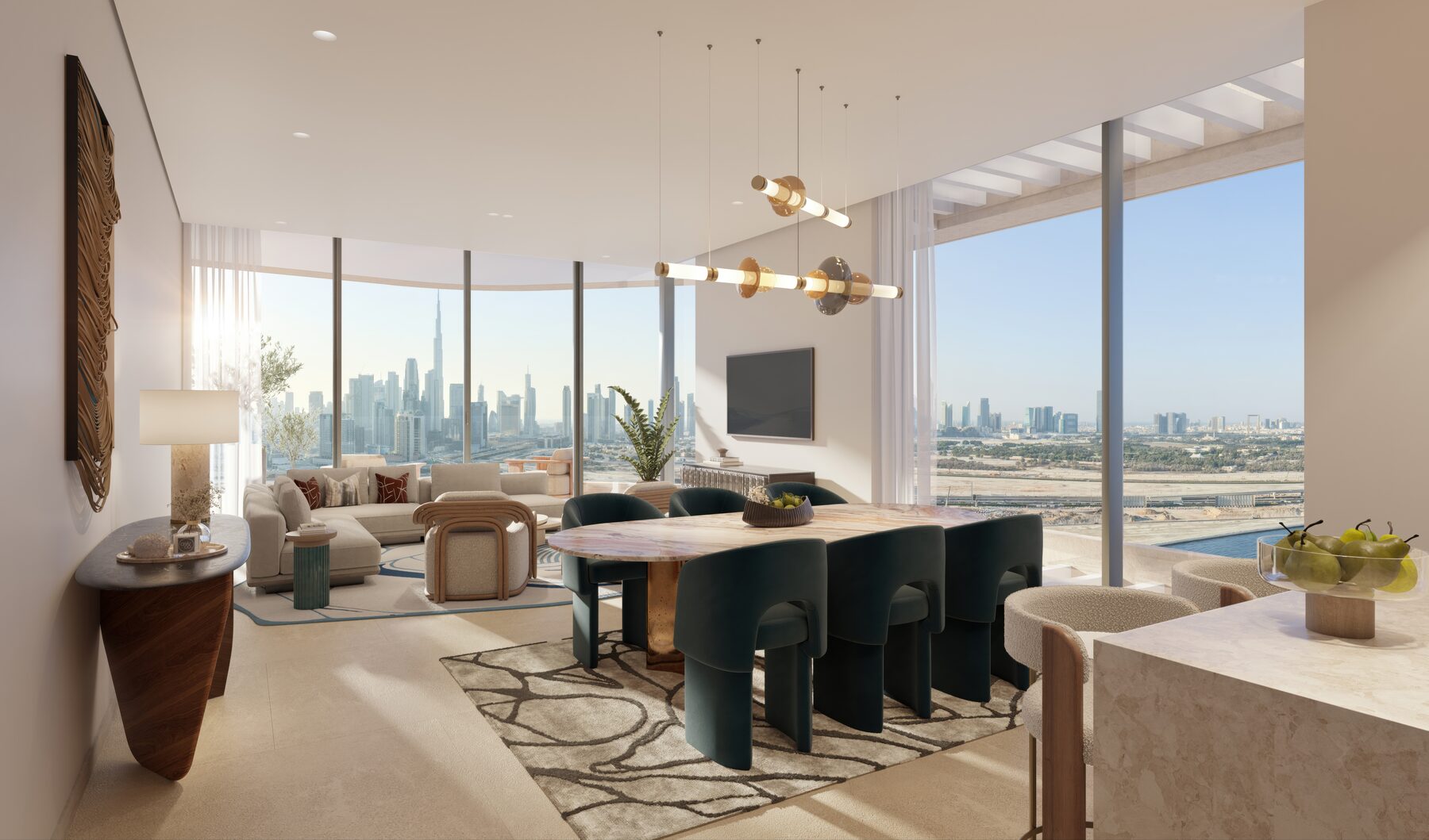 Dining and living space wrapped in curved floor-to-ceiling glazing over the city