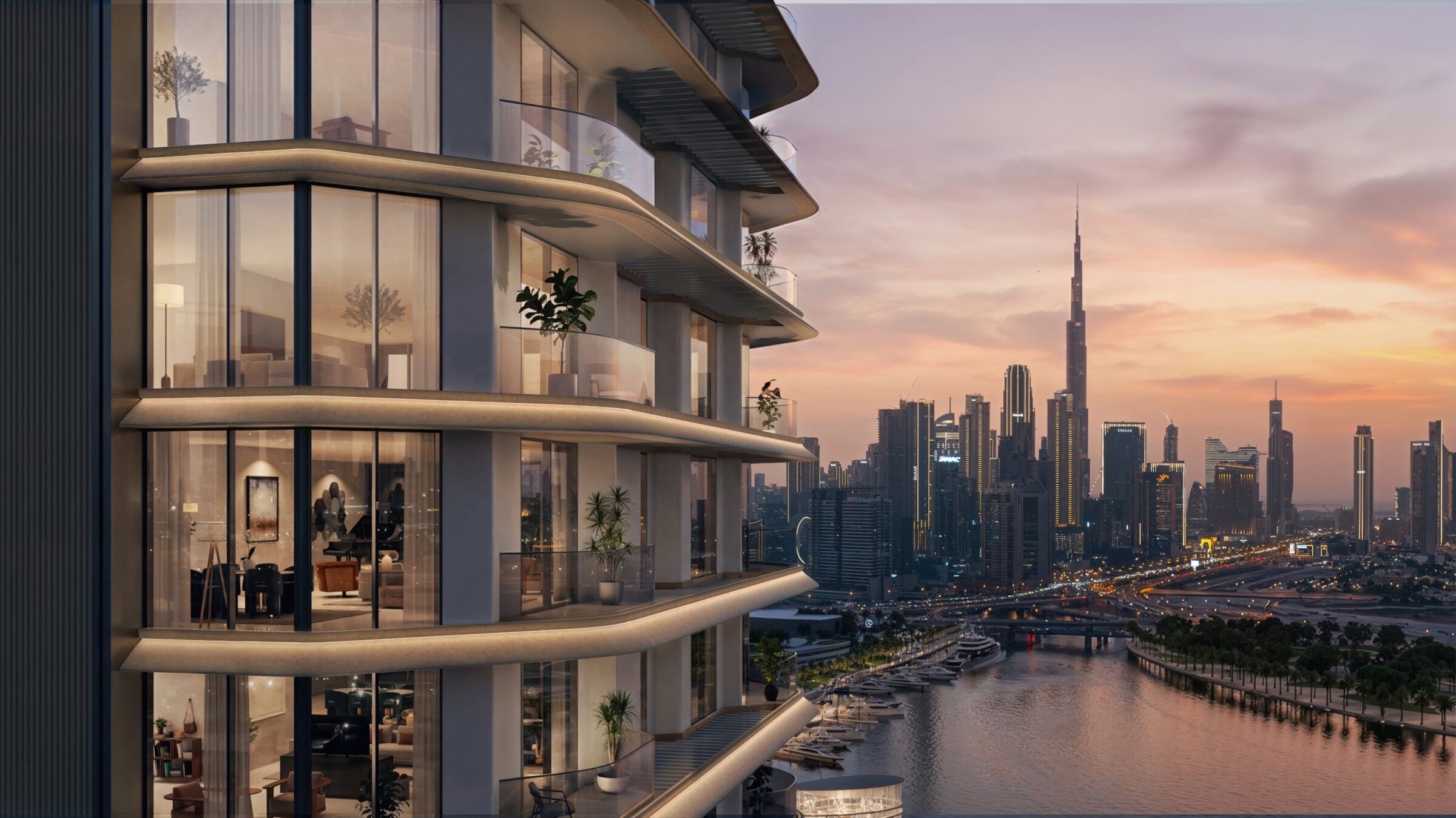 Twin sculptural residential towers with wing-like balconies rising above the Dubai Canal, angled toward the Burj Khalifa