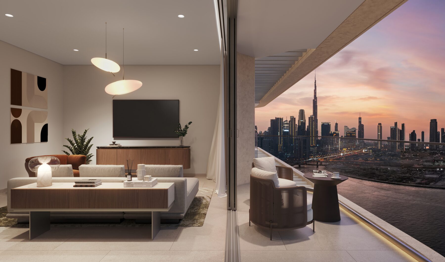 Open-plan living room at dusk with floor-to-ceiling glazing framing the Downtown skyline