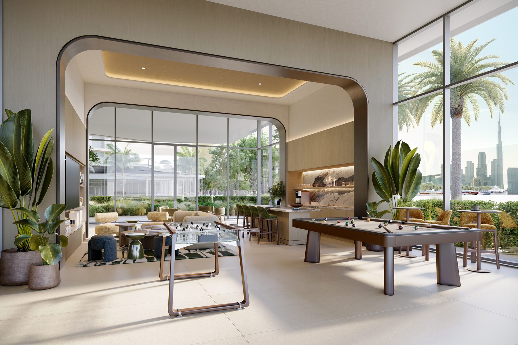 Residents' games and social lounge with pool table, bar and terrace framing palms and the skyline