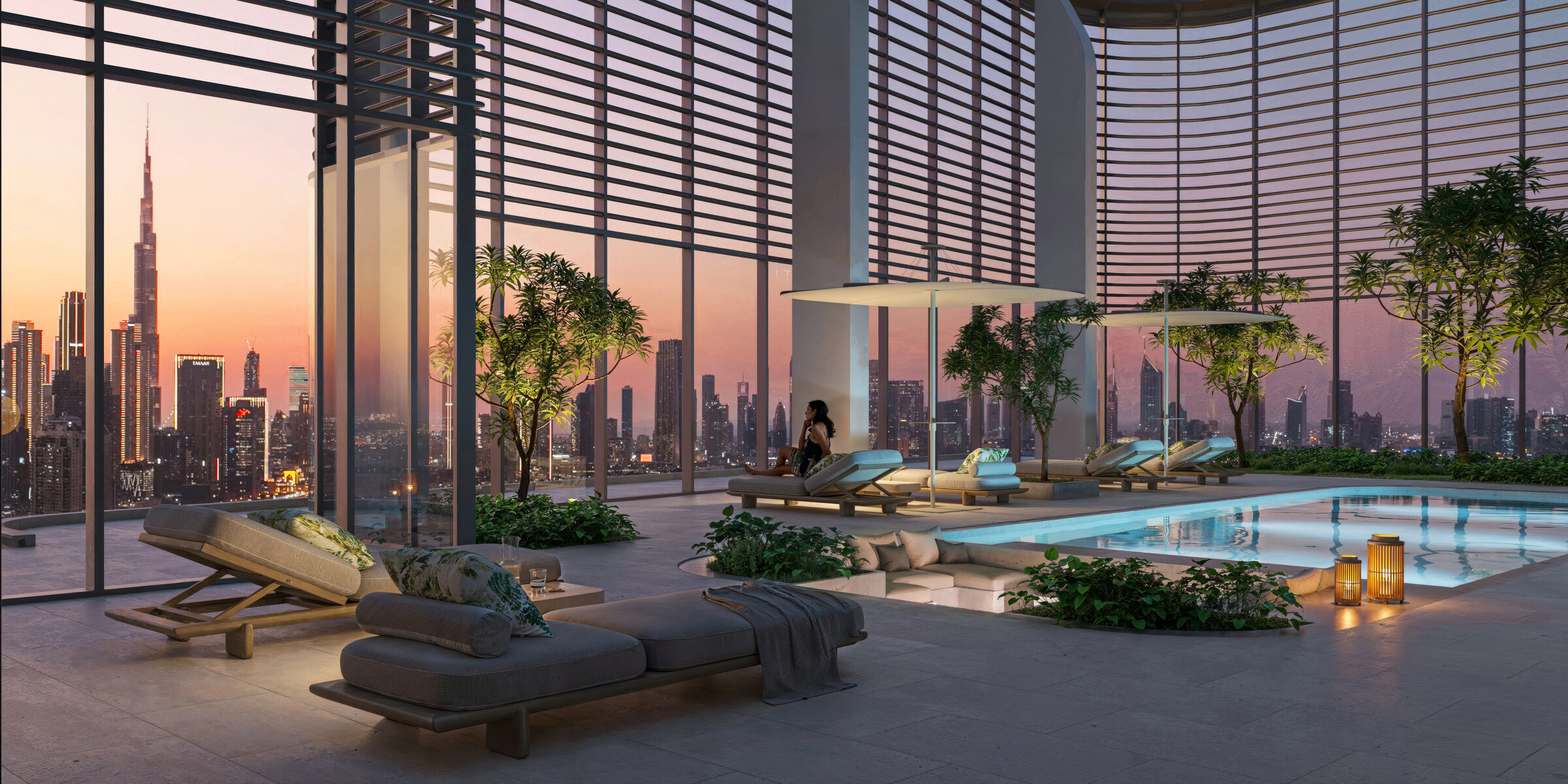 Private rooftop plunge pool on a duplex penthouse terrace overlooking the Canal and Downtown skyline