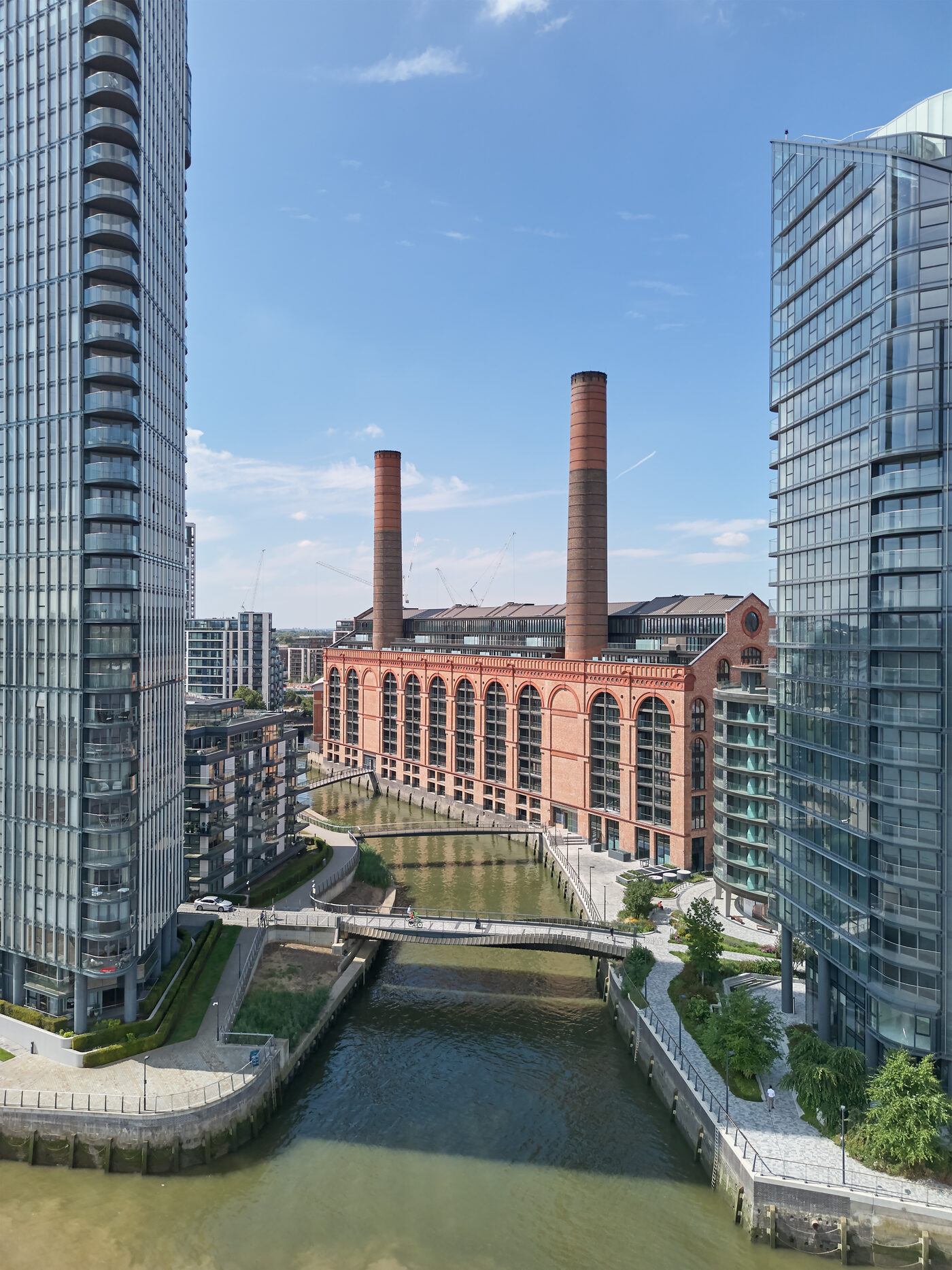 The creek running between the towers towards the restored power station