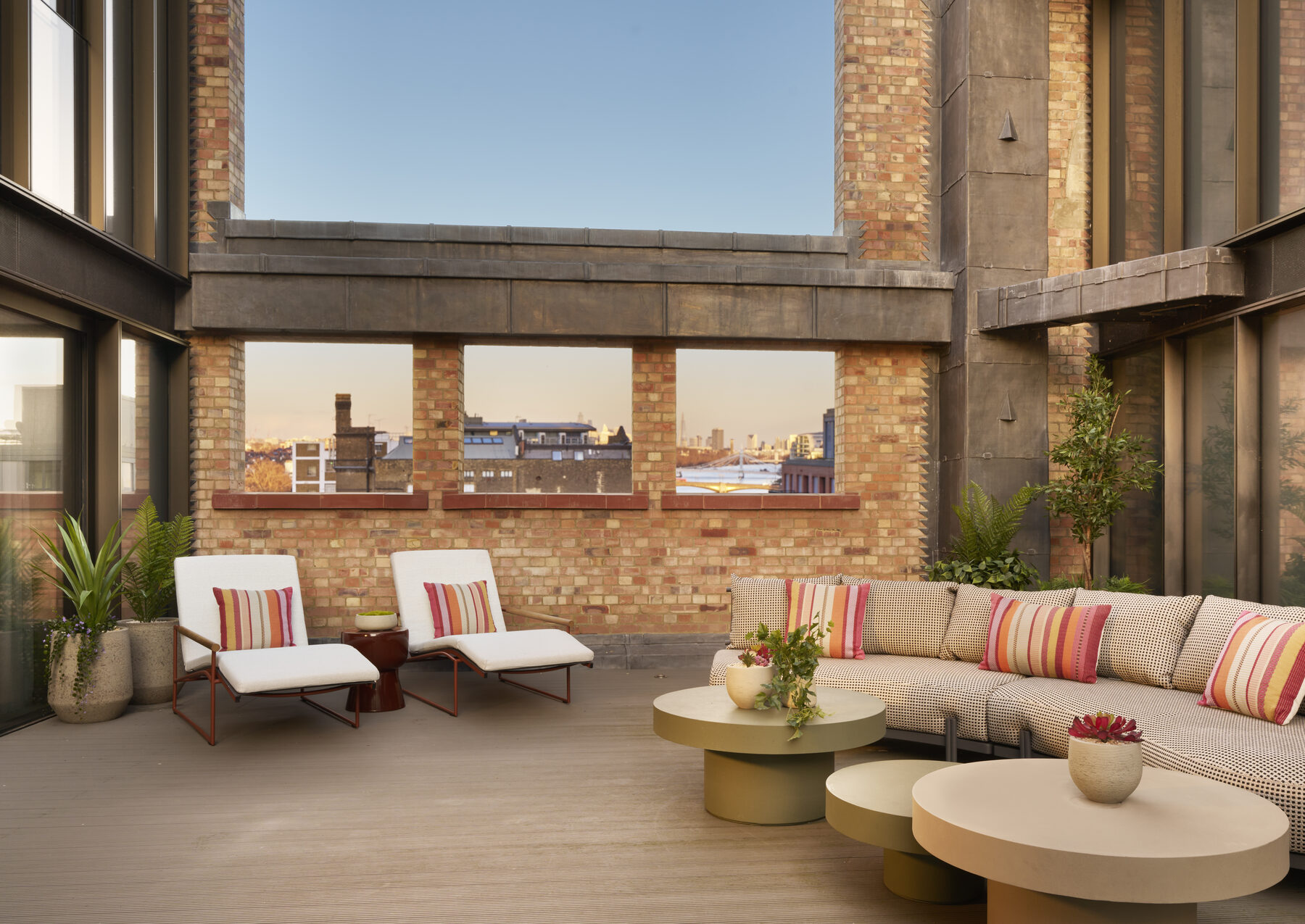 Private rooftop terrace set within the listed brickwork of the converted power station